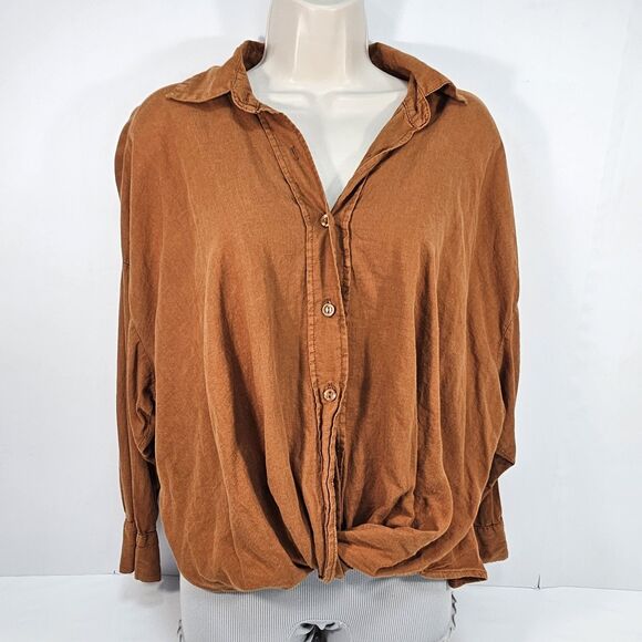 YFB Tops - Young Fabulous & Broke Traveler Linen Blend Relaxed Button Down Top Tan Rust S